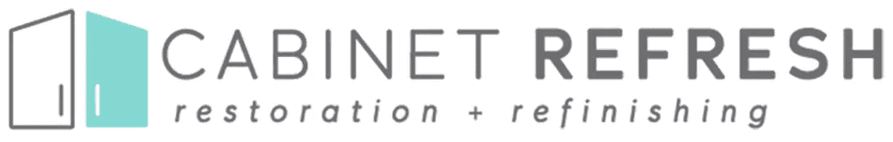 unnamed Logo with "CABINET REFRESH" in gray text, and "restoration + refinishing" below. Icon of a stylized cabinet door in white and turquoise on the left.